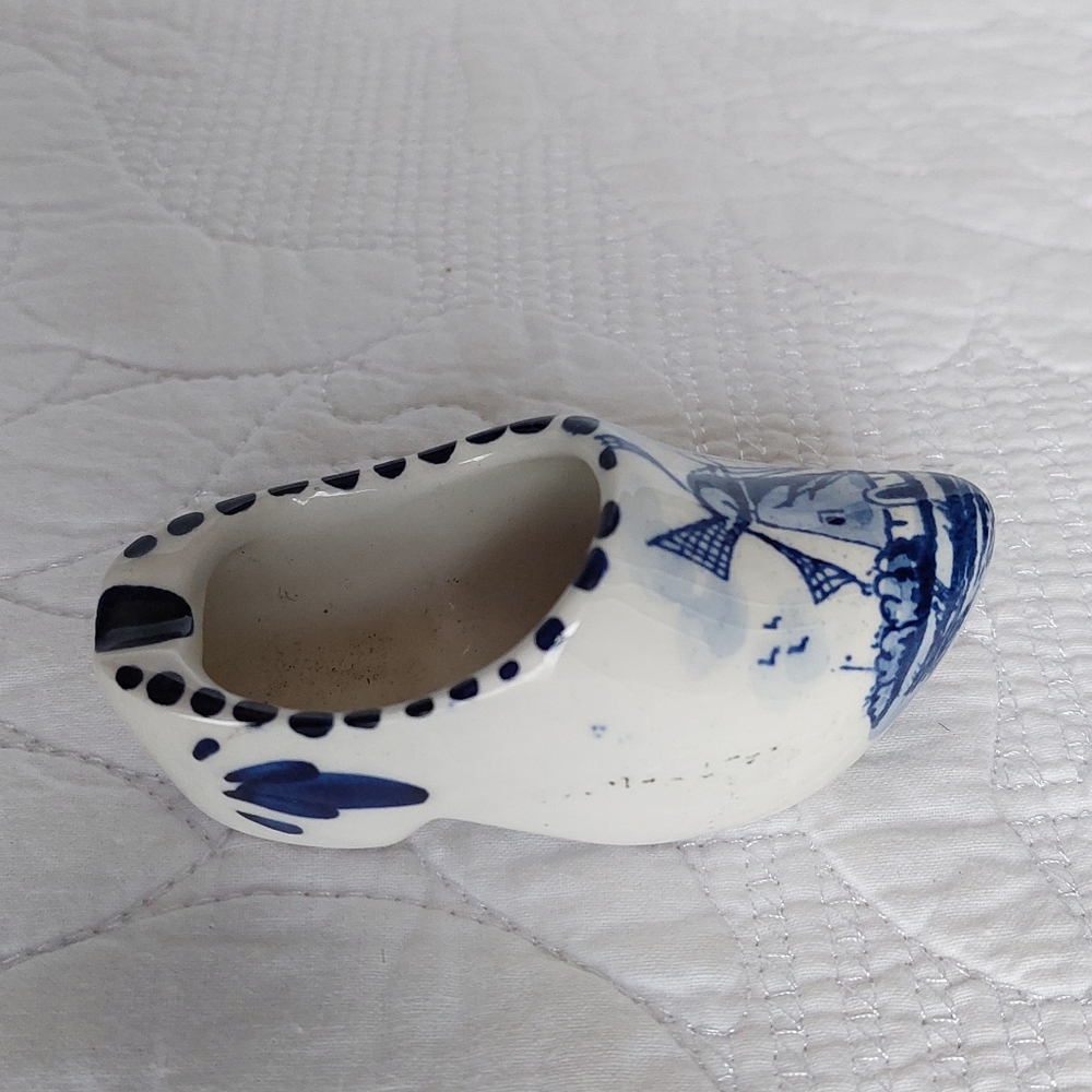 Vtg Delft Hand Painted Holland Blue Windmill Mini Clog Single Ashtray Cera.ic